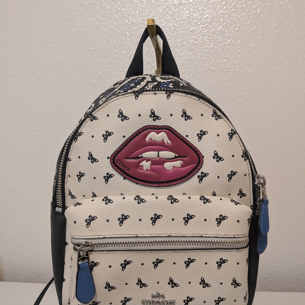 Coach Cream and Black Mini Backpack with Pink Lip Patch - Picture 7 of 8